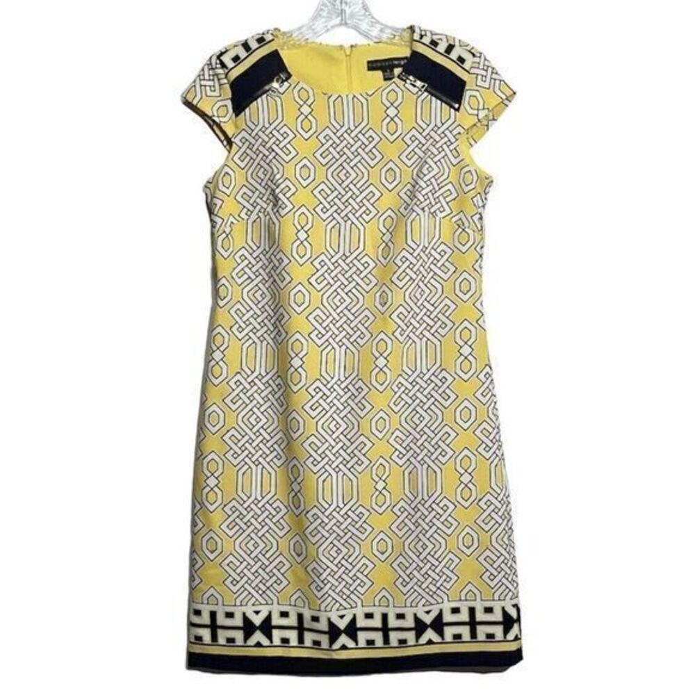 Madison Leigh Women Size 4 Yellow White Blue Zipper Accents Dress Cap‎ Sleeves